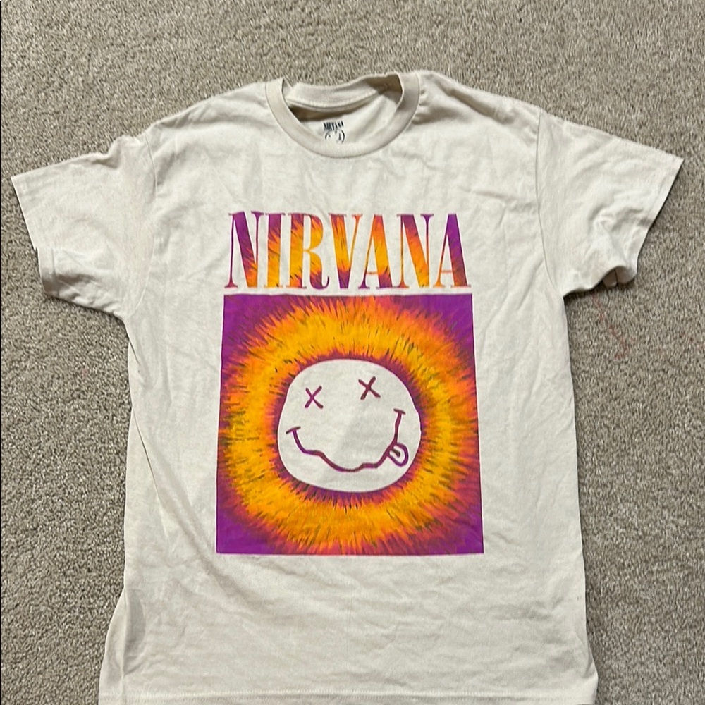NIRVANA Beige Tee with Purple and Orange Graphic